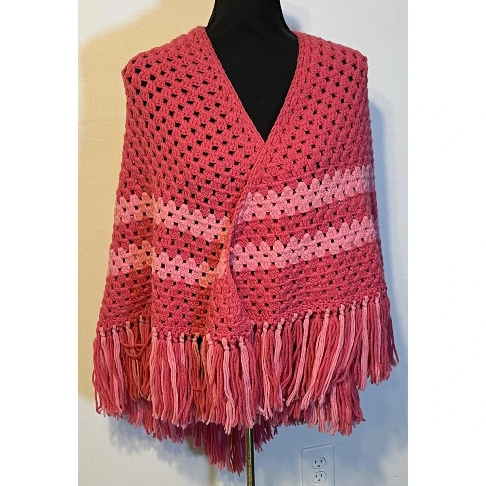 Crochet Shawl Wrap‎ Womens One Size Pink Striped Fringe Boho Handmade Poncho